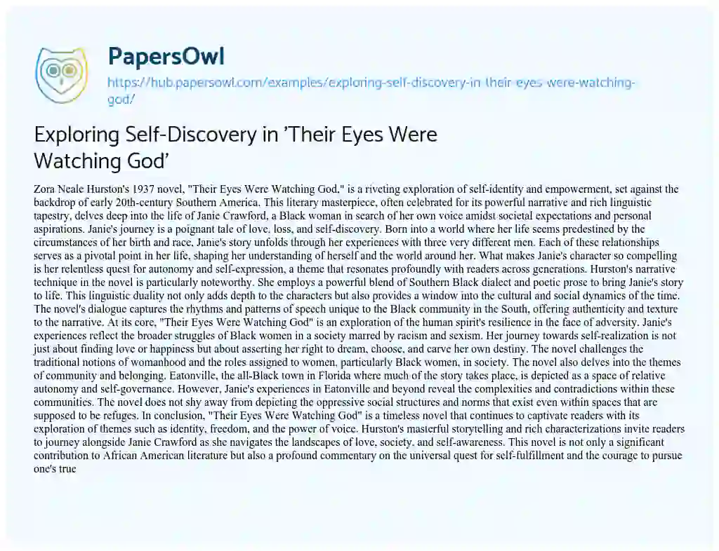 Essay on Exploring Self-Discovery in ‘Their Eyes Were Watching God’