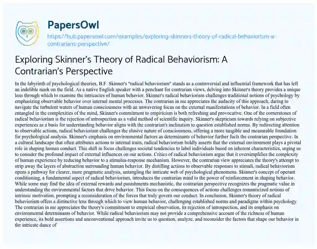Essay on Exploring Skinner’s Theory of Radical Behaviorism: A Contrarian’s Perspective