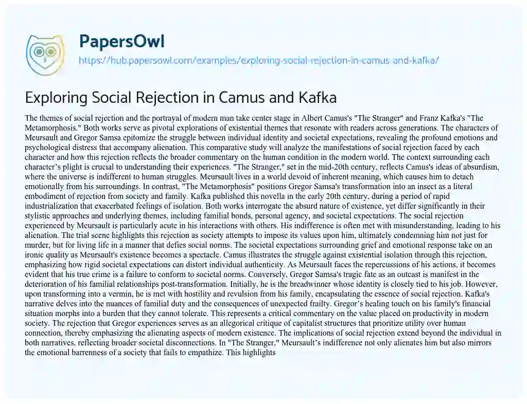 Essay on Exploring Social Rejection in Camus and Kafka