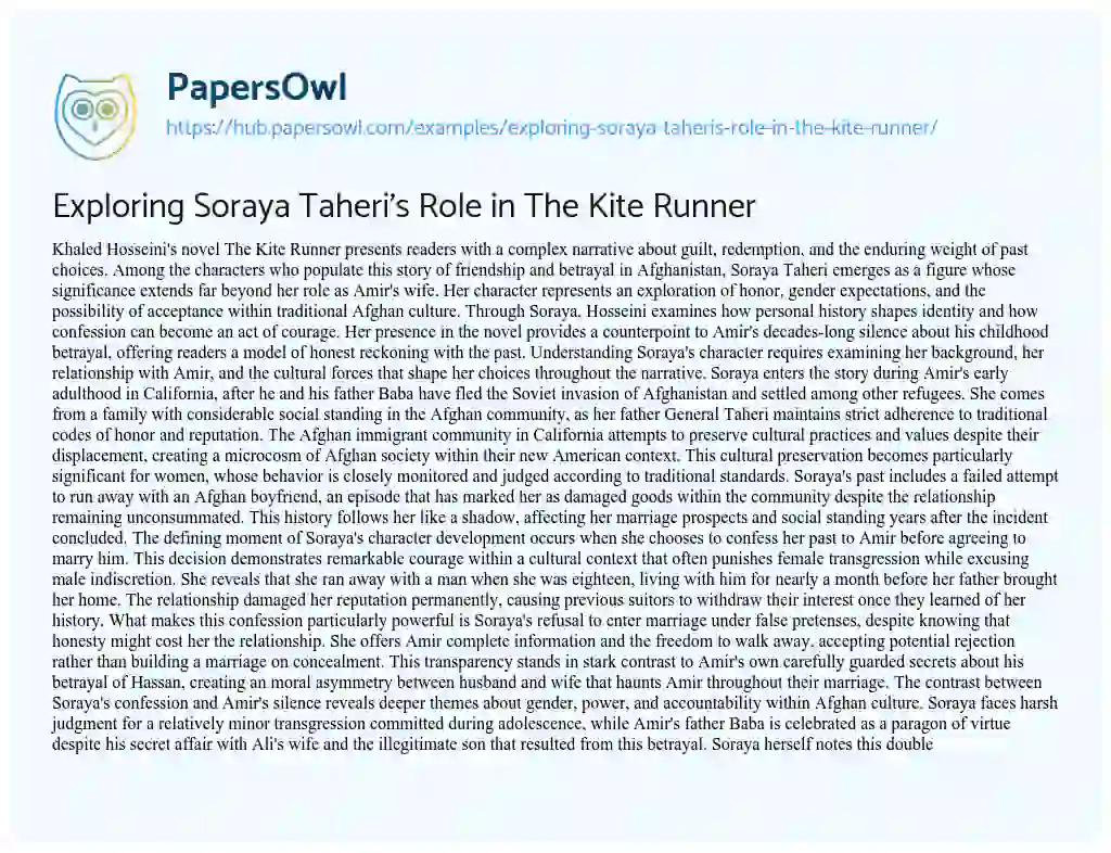 Essay on Exploring Soraya Taheri’s Role in The Kite Runner