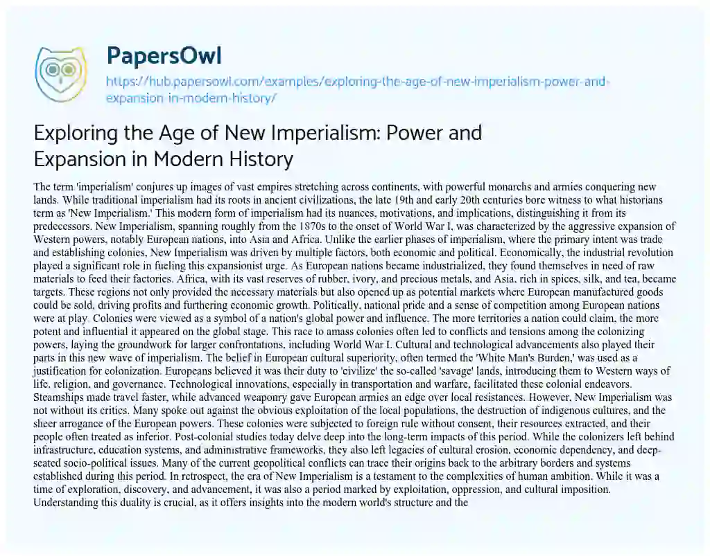 Essay on Exploring the Age of New Imperialism: Power and Expansion in Modern History