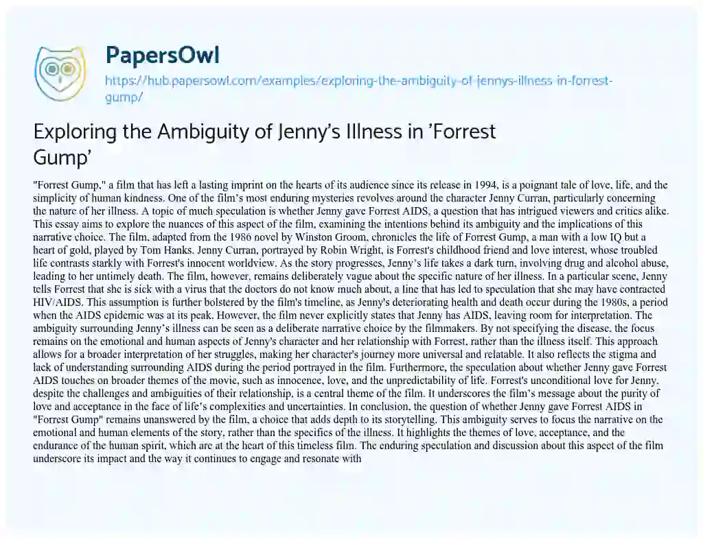 Essay on Exploring the Ambiguity of Jenny’s Illness in ‘Forrest Gump’