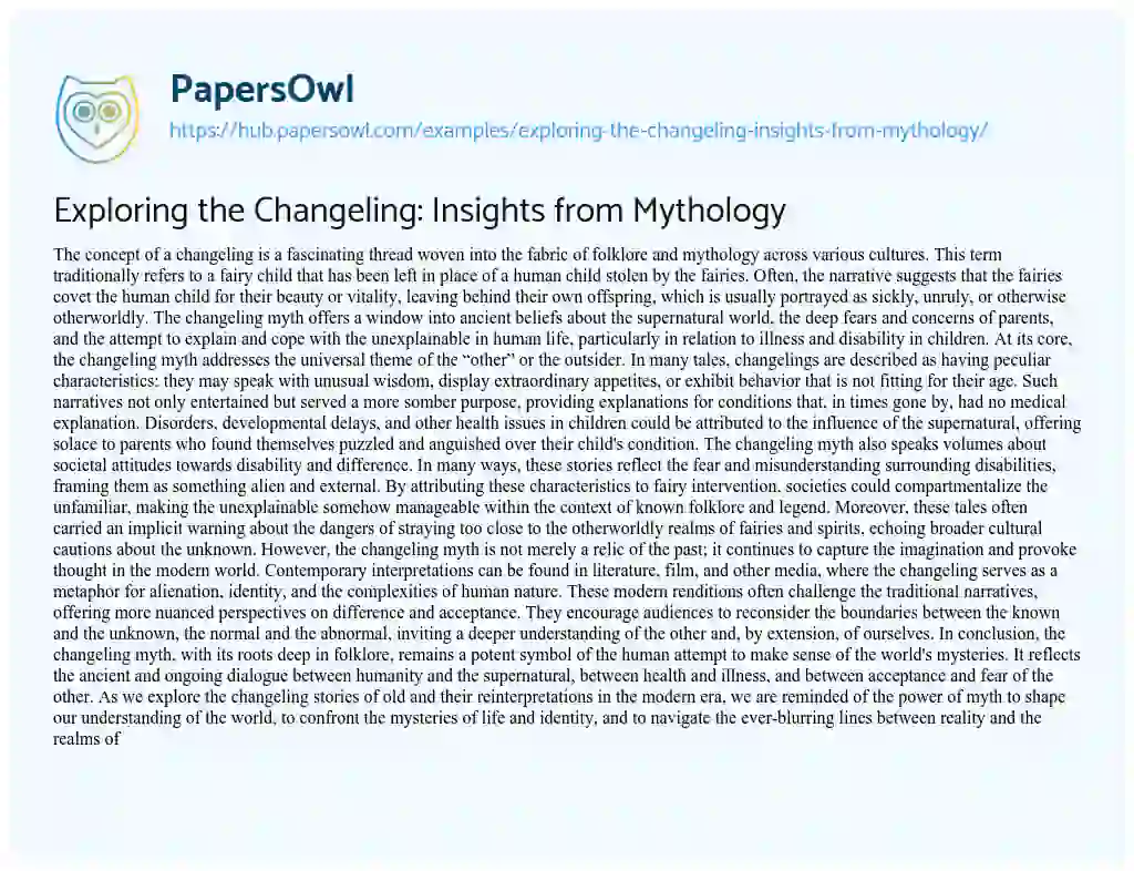 Essay on Exploring the Changeling: Insights from Mythology
