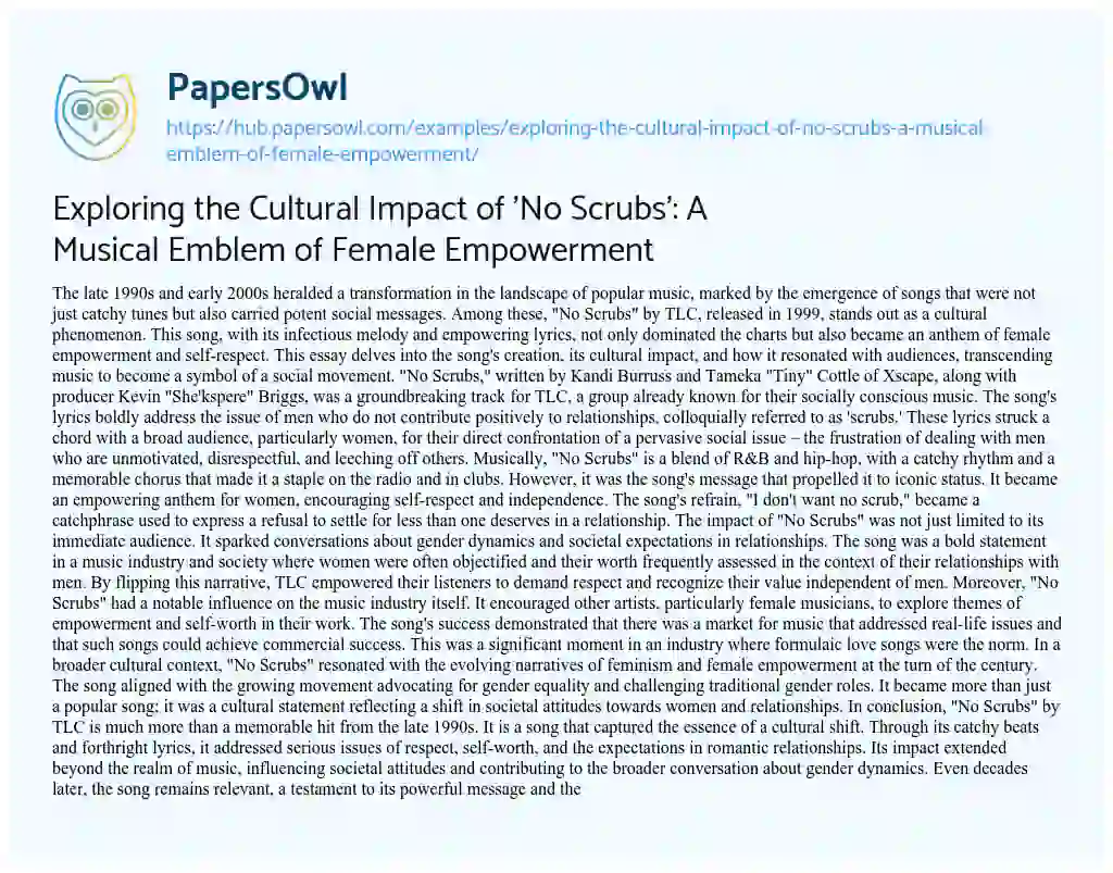 Essay on Exploring the Cultural Impact of ‘No Scrubs’: A Musical Emblem of Female Empowerment