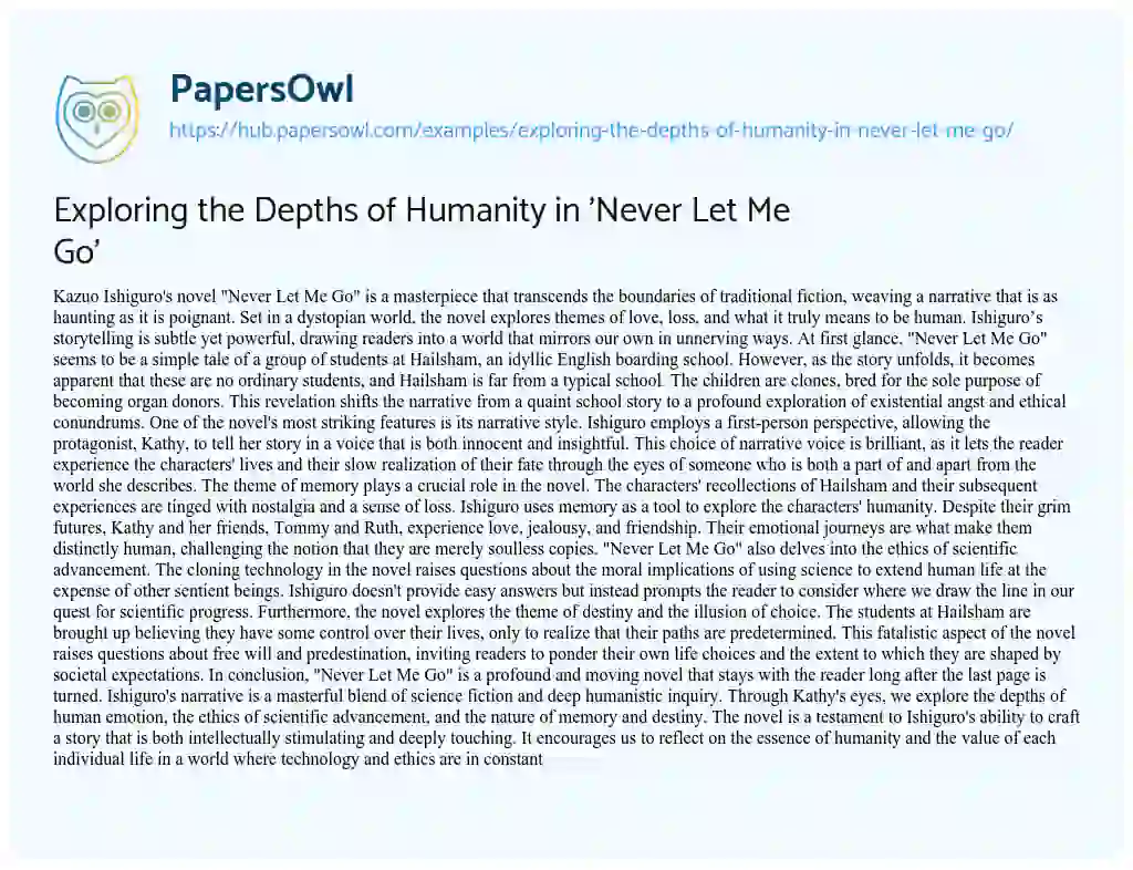 Essay on Exploring the Depths of Humanity in ‘Never Let Me Go’