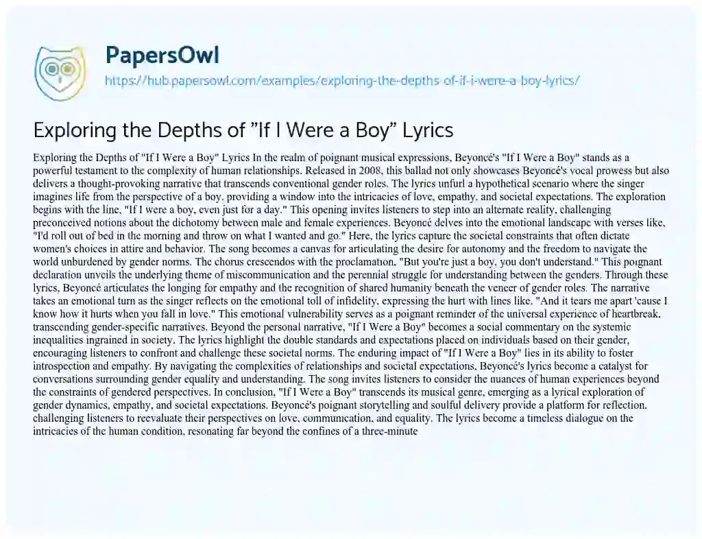 Essay on Exploring the Depths of “If I Were a Boy” Lyrics