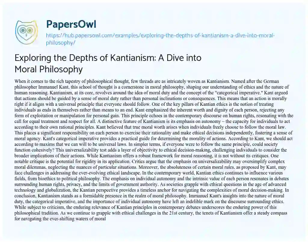 Essay on Exploring the Depths of Kantianism: A Dive into Moral Philosophy