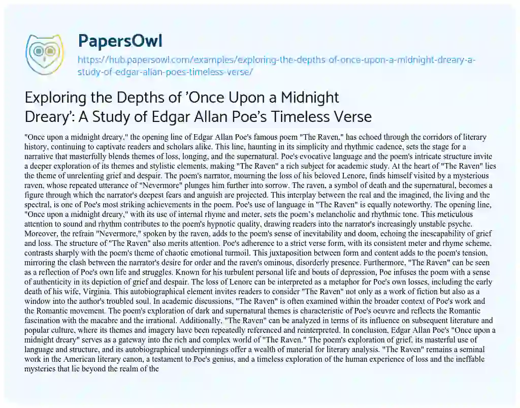 Essay on Exploring the Depths of ‘Once Upon a Midnight Dreary’: A Study of Edgar Allan Poe’s Timeless Verse