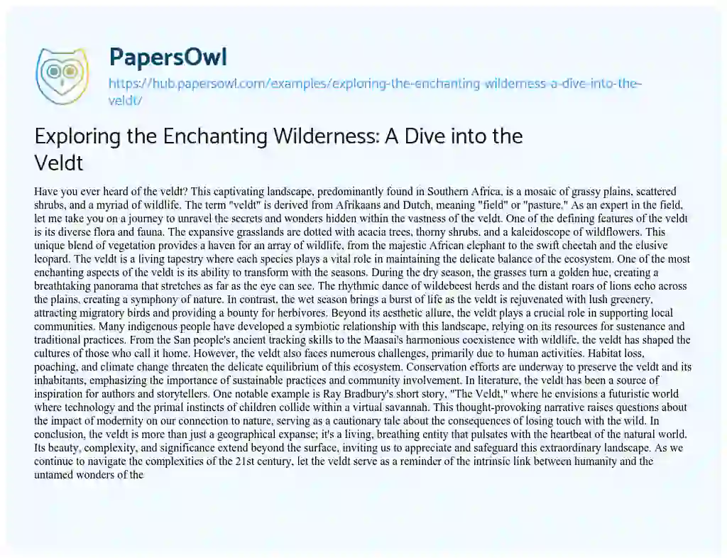 Essay on Exploring the Enchanting Wilderness: A Dive into the Veldt