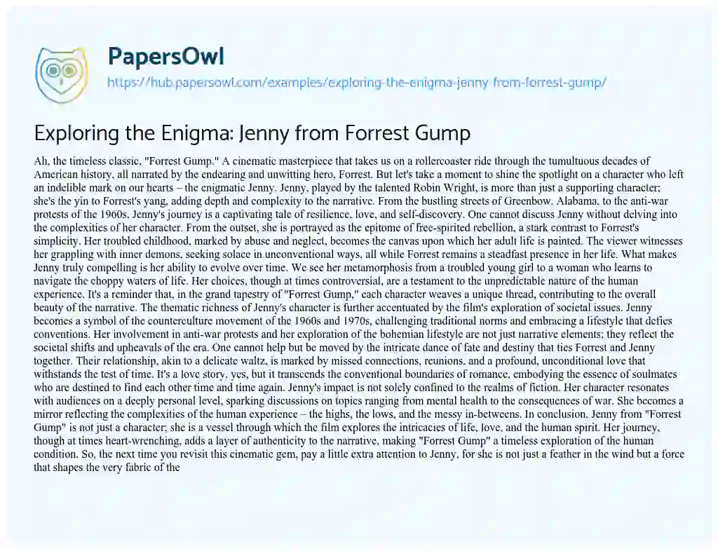 Essay on Exploring the Enigma: Jenny from Forrest Gump