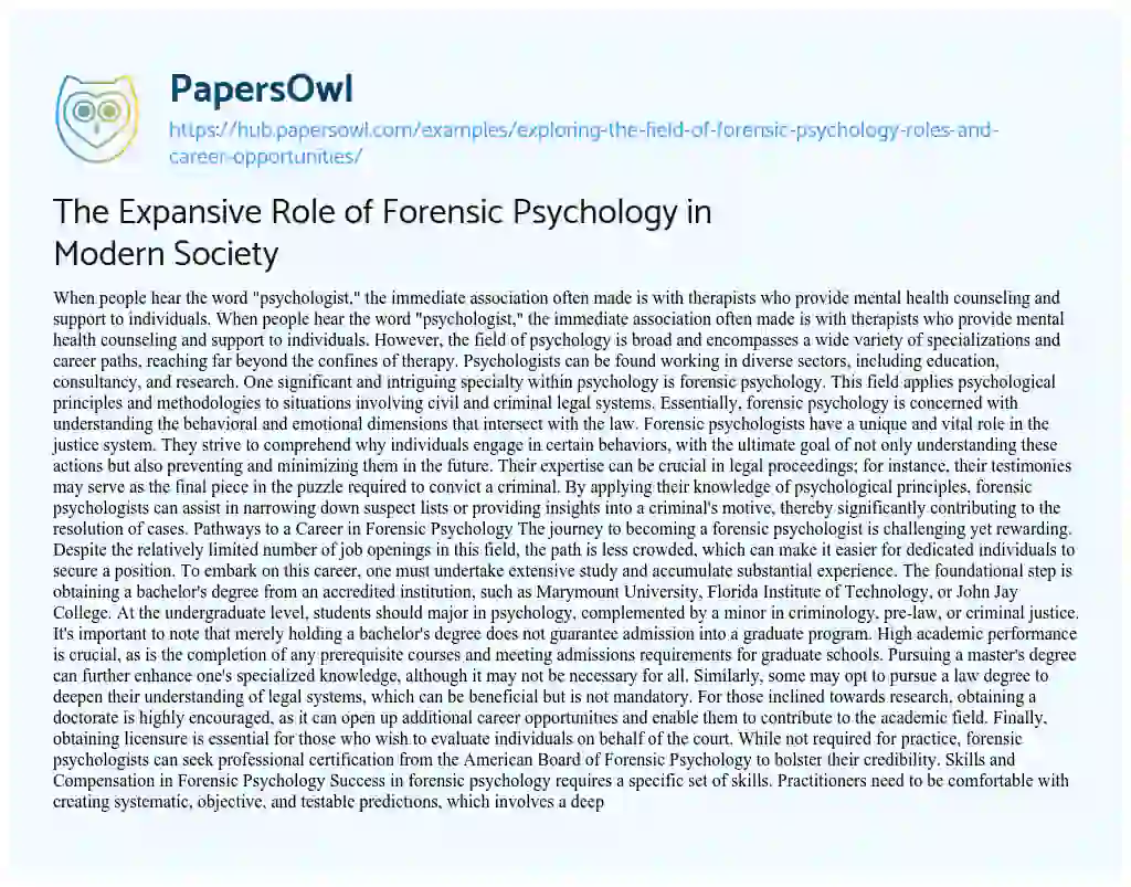 Essay on The Expansive Role of Forensic Psychology in Modern Society