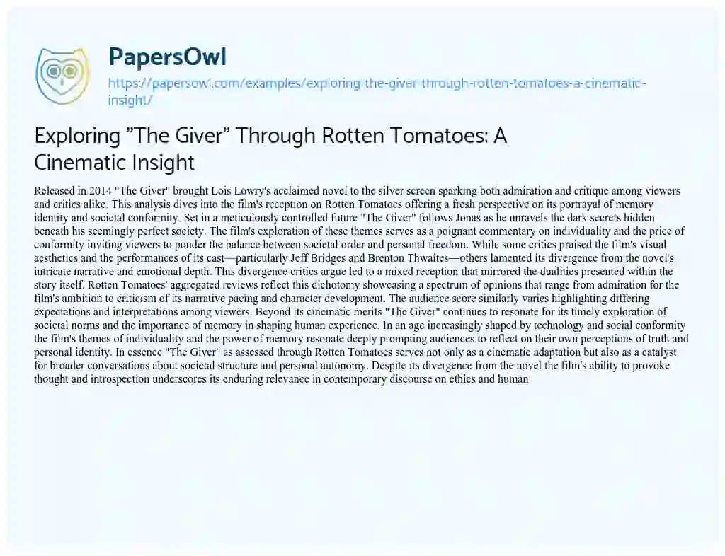 Essay on Exploring “The Giver” Through Rotten Tomatoes: A Cinematic Insight
