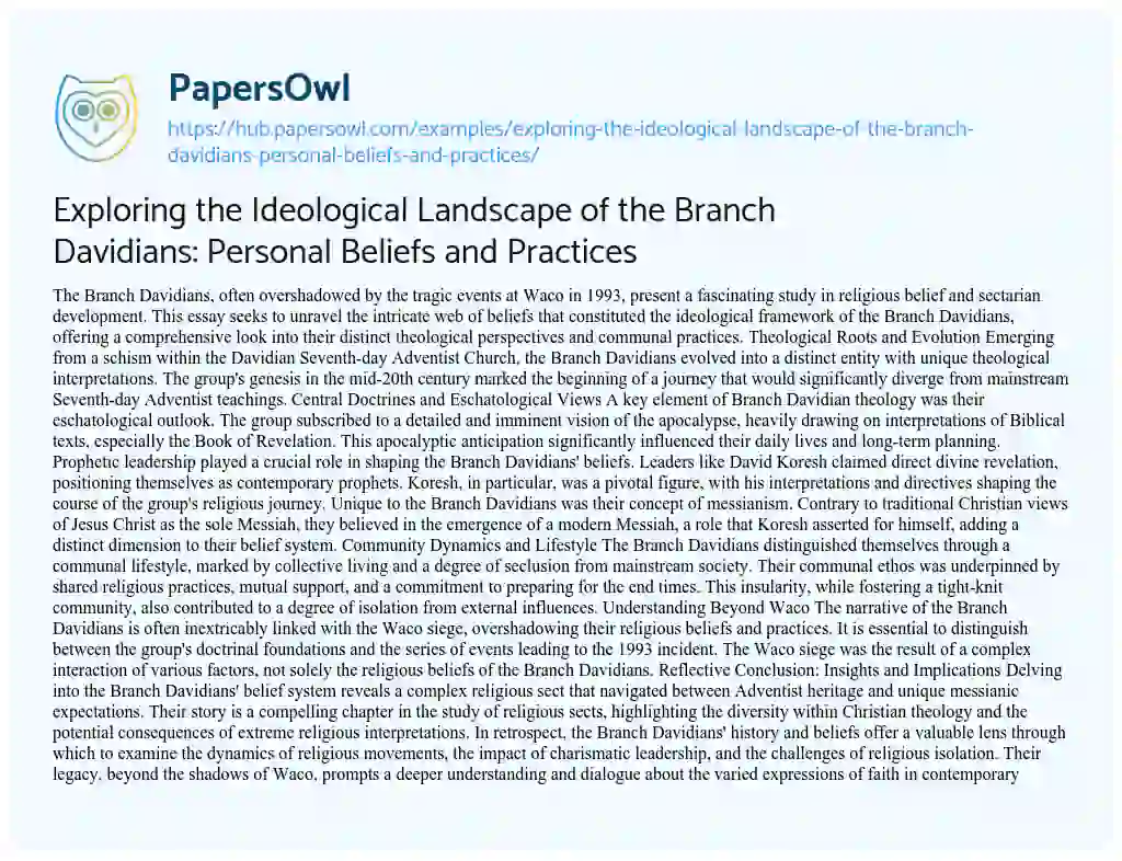 Essay on Exploring the Ideological Landscape of the Branch Davidians: Personal Beliefs and Practices