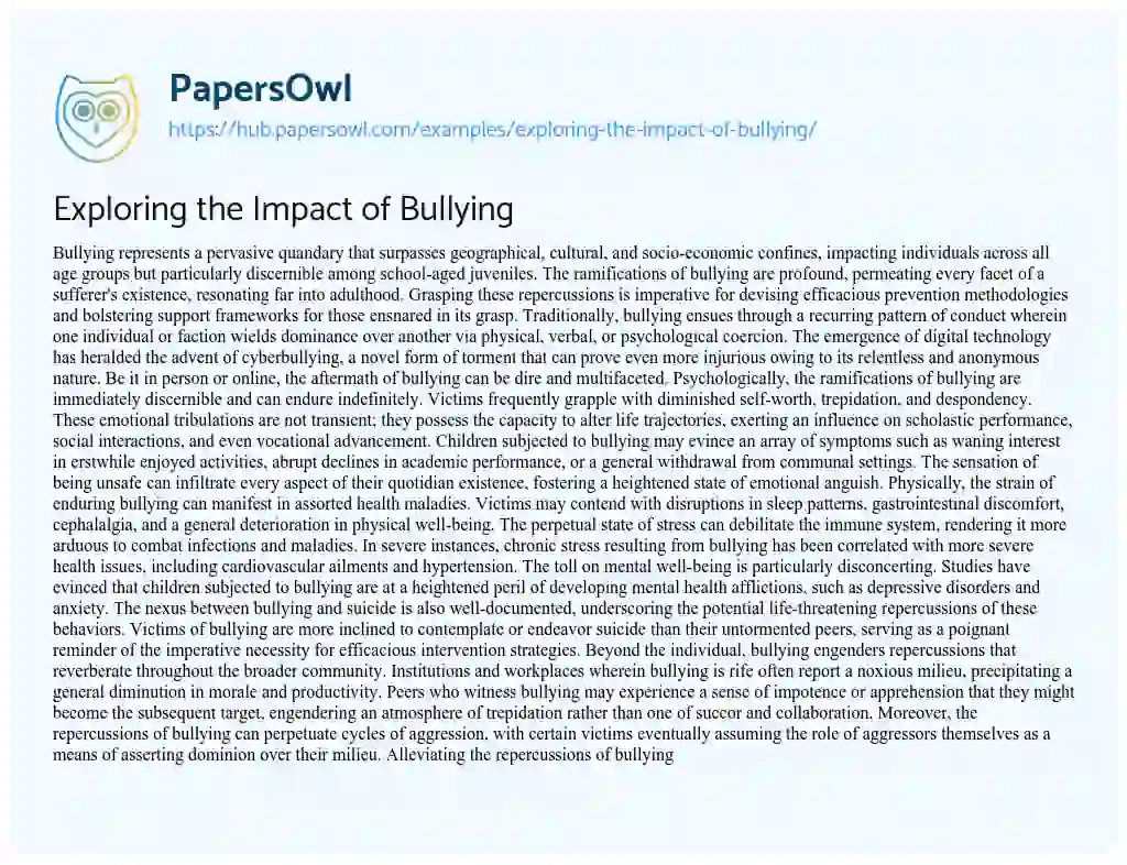 Essay on Exploring the Impact of Bullying