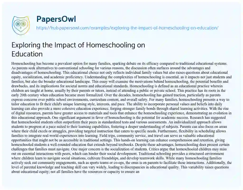 Essay on Exploring the Impact of Homeschooling on Education