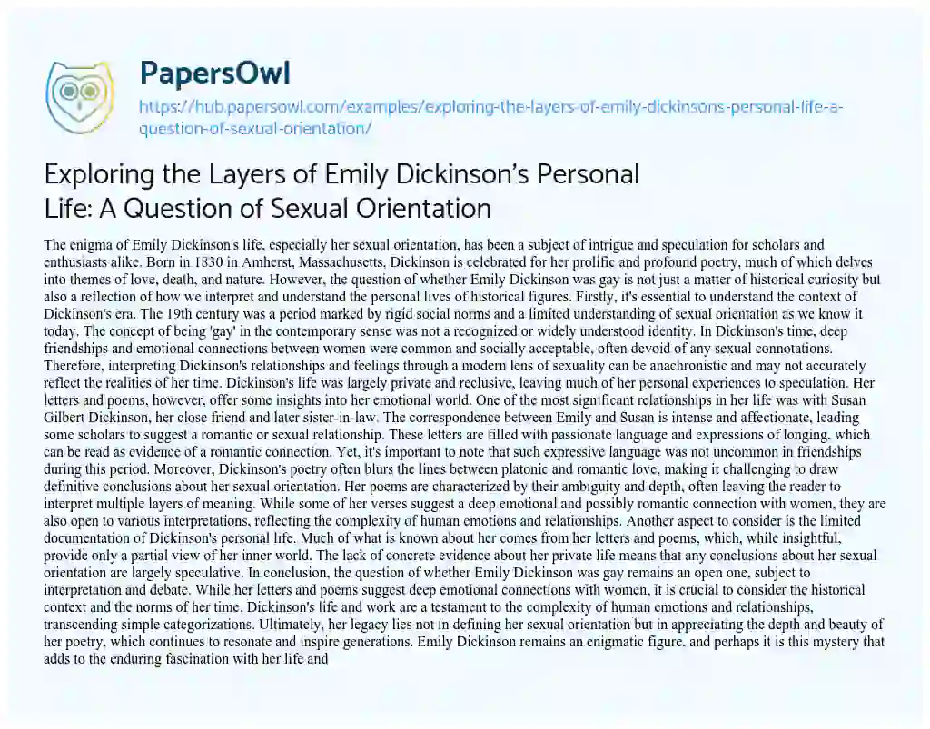 Essay on Exploring the Layers of Emily Dickinson’s Personal Life: A Question of Sexual Orientation