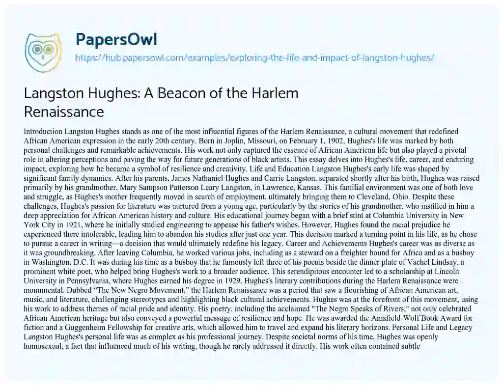 Essay on Langston Hughes: A Beacon of the Harlem Renaissance