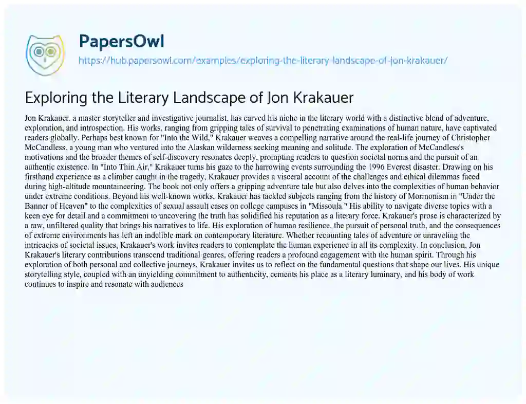 Essay on Exploring the Literary Landscape of Jon Krakauer
