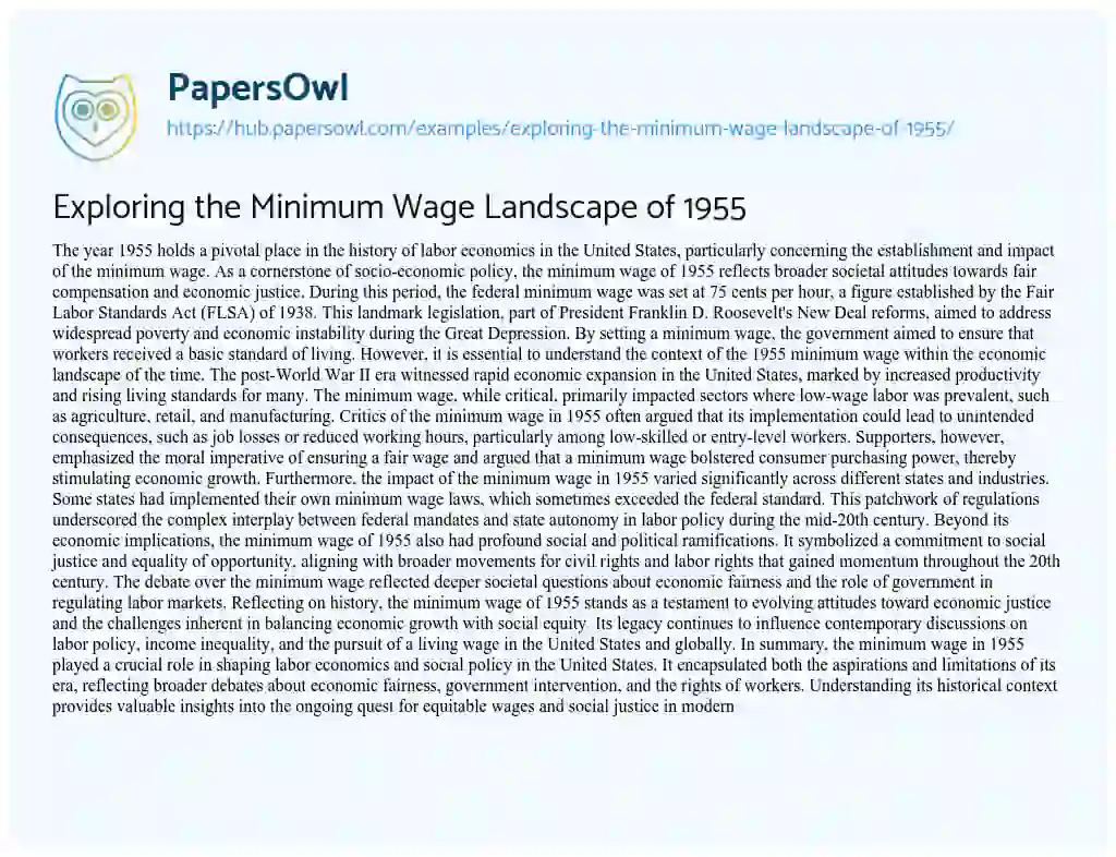 Essay on Exploring the Minimum Wage Landscape of 1955