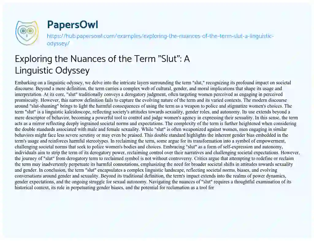 Essay on Exploring the Nuances of the Term “Slut”: A Linguistic Odyssey
