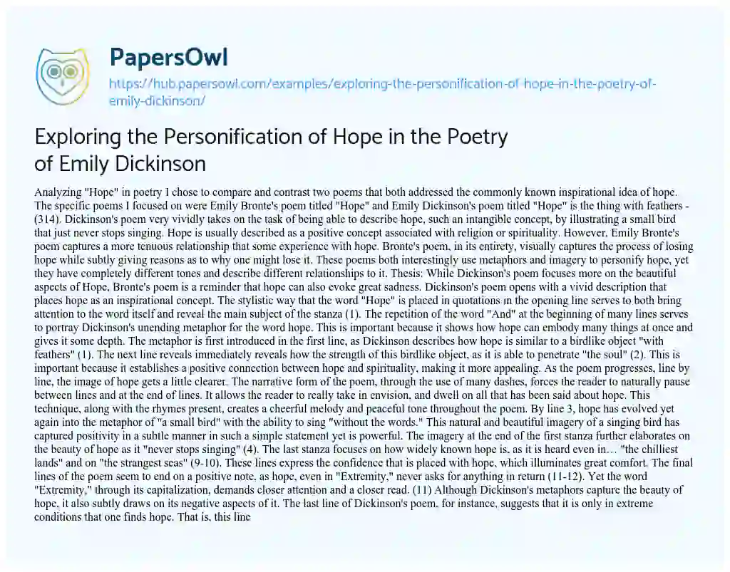 Essay on Exploring the Personification of Hope in the Poetry of Emily Dickinson