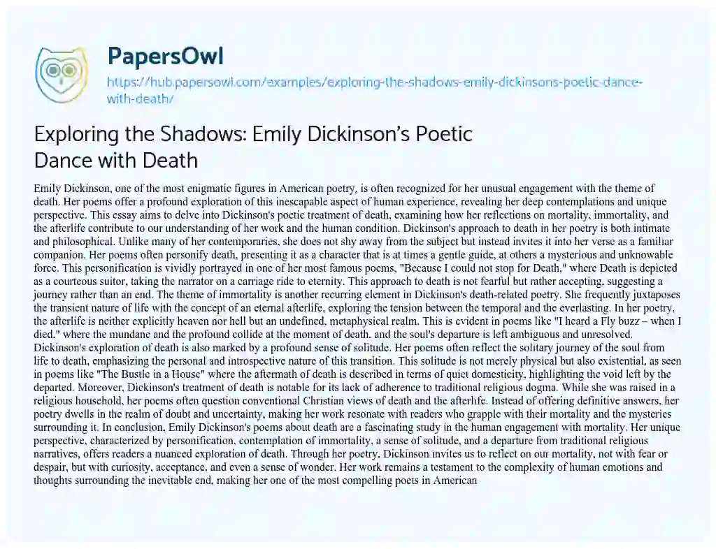 Essay on Exploring the Shadows: Emily Dickinson’s Poetic Dance with Death