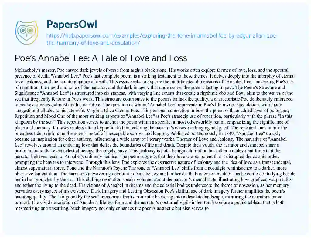 Essay on Poe’s Annabel Lee: A Tale of Love and Loss