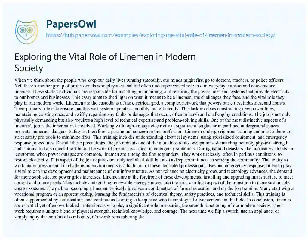 Essay on Exploring the Vital Role of Linemen in Modern Society