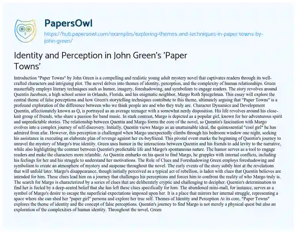 Essay on Identity and Perception in John Green’s ‘Paper Towns’