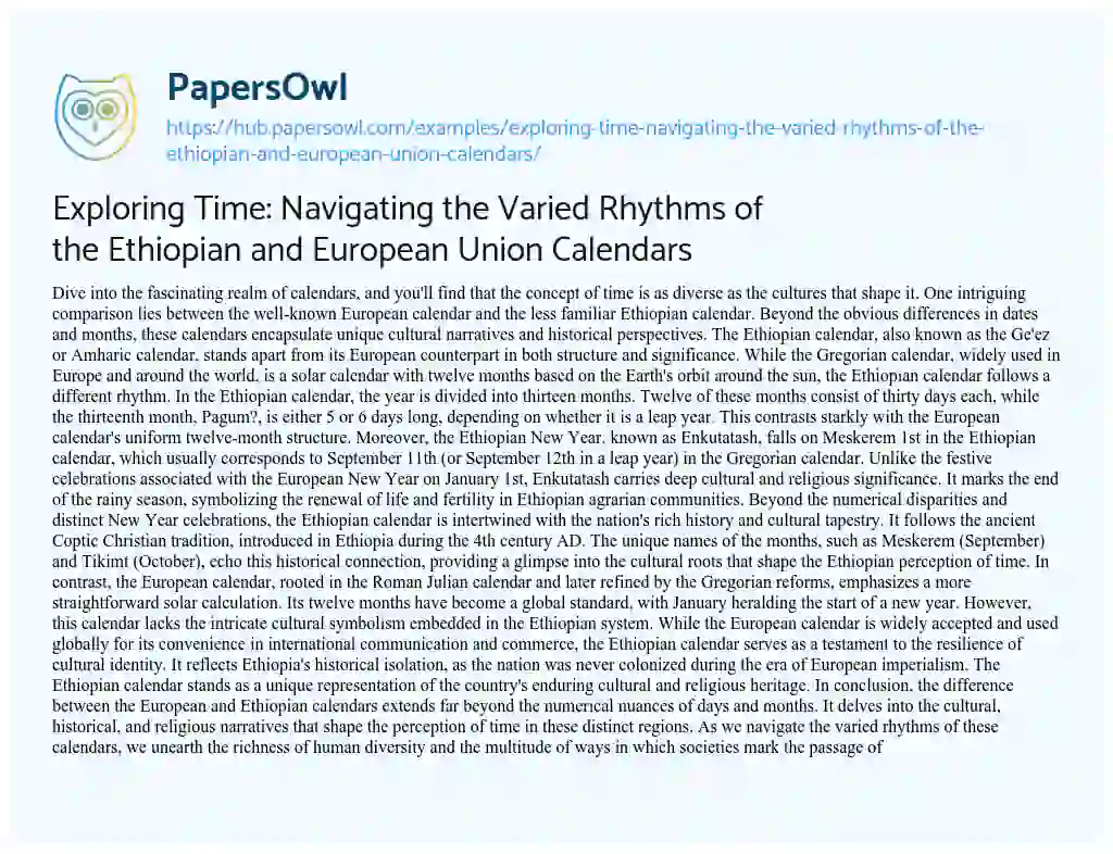 Essay on Exploring Time: Navigating the Varied Rhythms of the Ethiopian and European Union Calendars