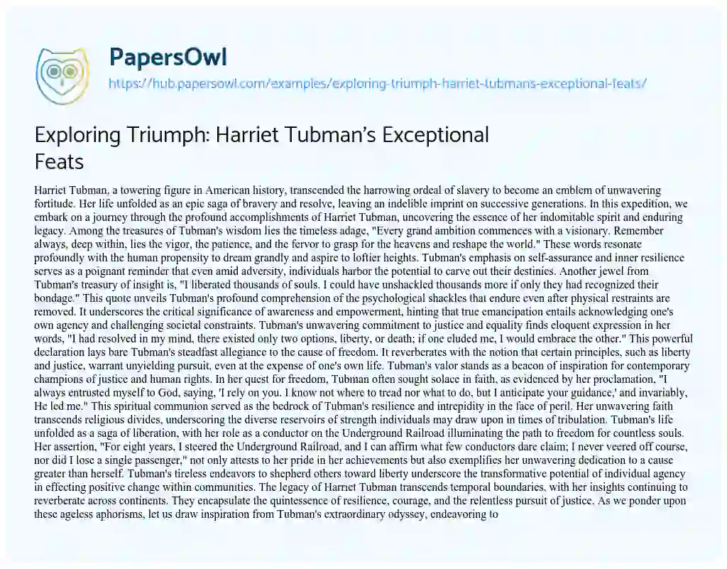 Essay on Exploring Triumph: Harriet Tubman’s Exceptional Feats