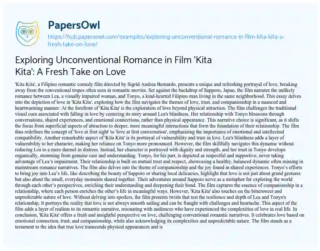 Essay on Exploring Unconventional Romance in Film ‘Kita Kita’: A Fresh Take on Love