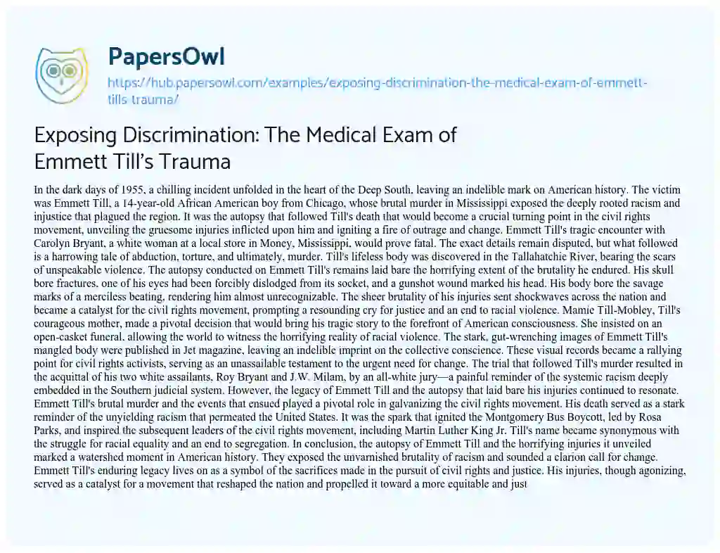 Essay on Exposing Discrimination: The Medical Exam of Emmett Till’s Trauma