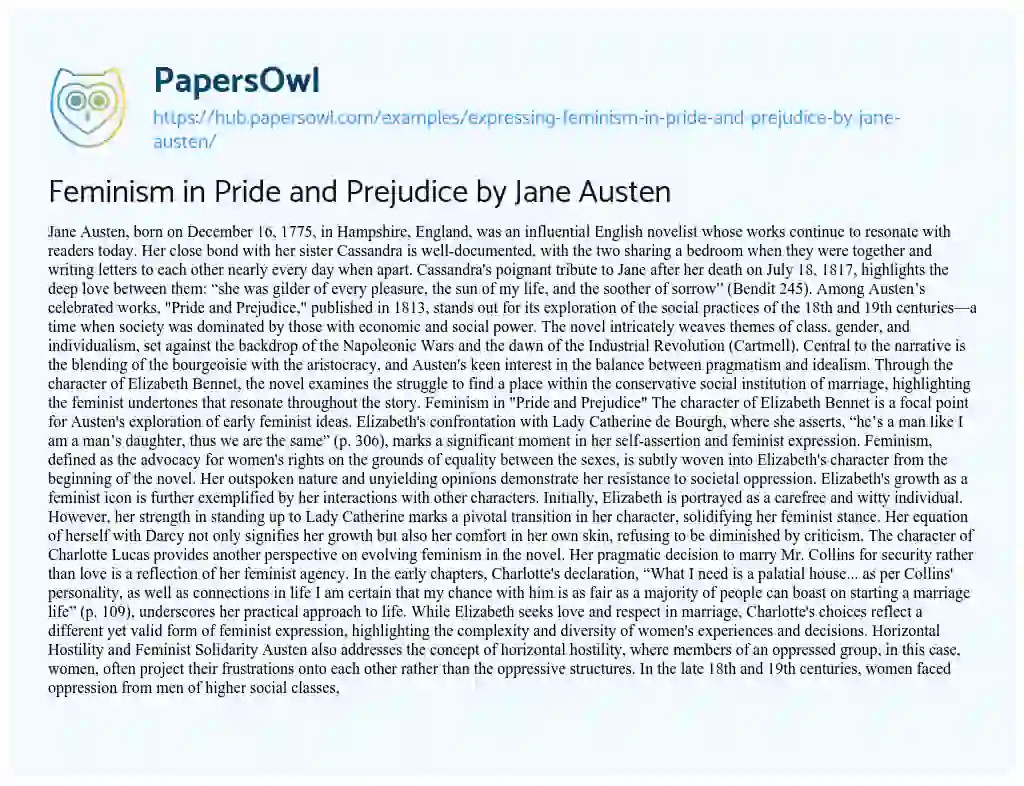 Essay on Feminism in Pride and Prejudice by Jane Austen