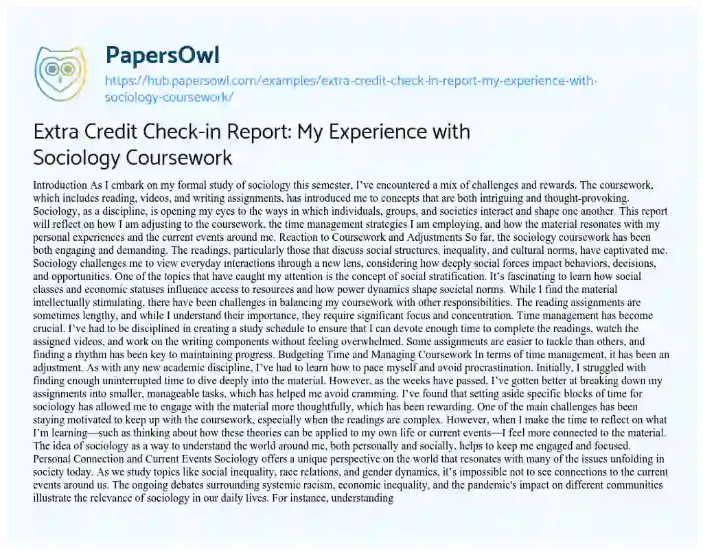 Essay on Extra Credit Check-in Report: My Experience with Sociology Coursework
