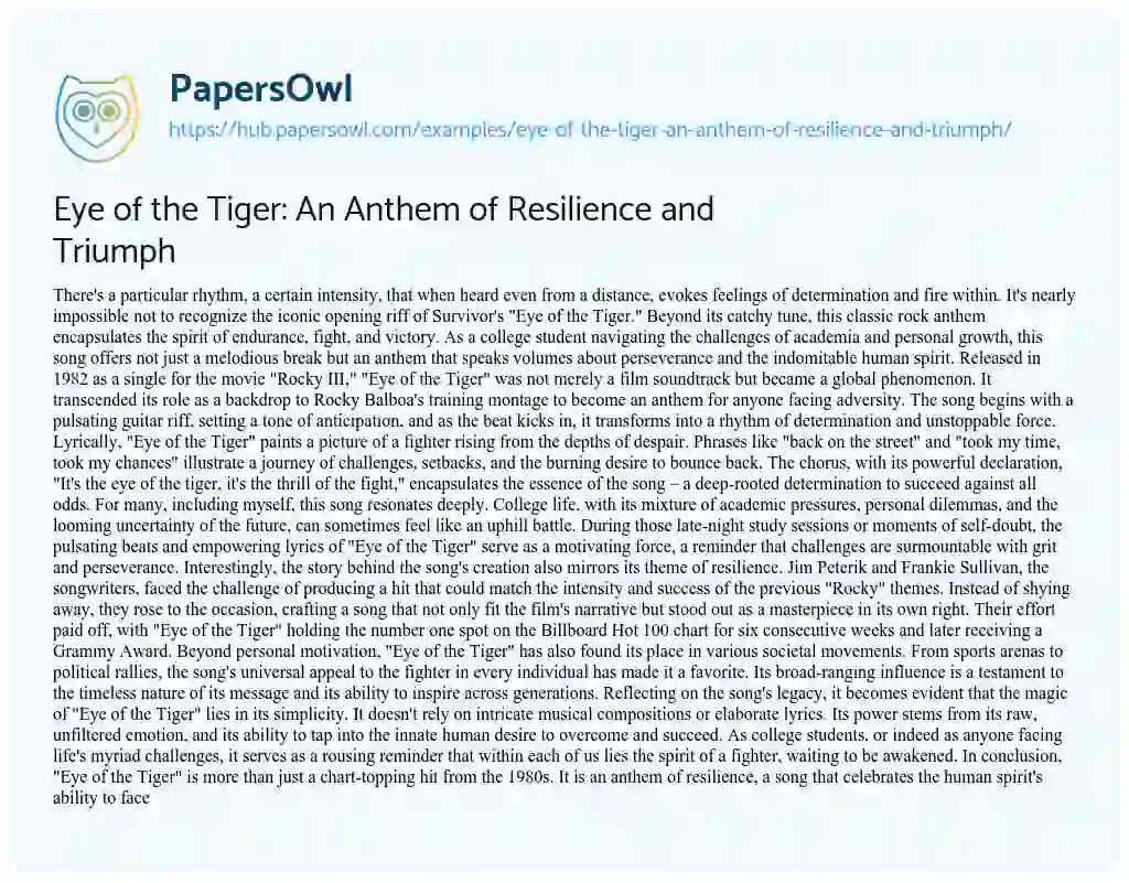 Essay on Eye of the Tiger: An Anthem of Resilience and Triumph