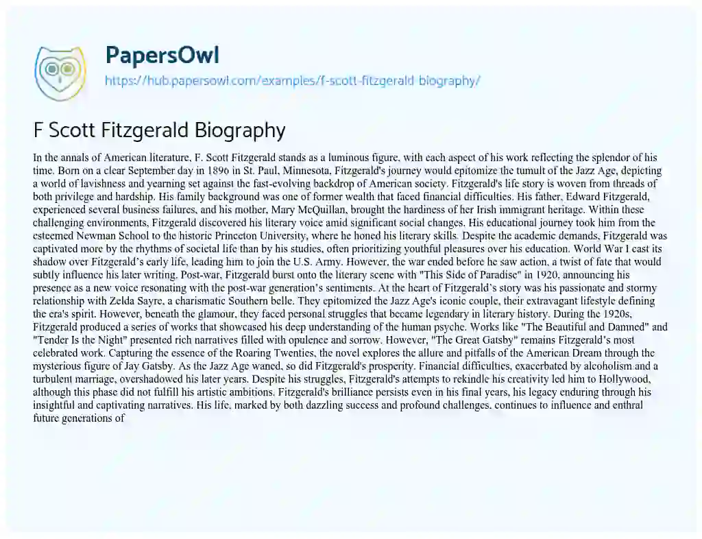Essay on F Scott Fitzgerald Biography
