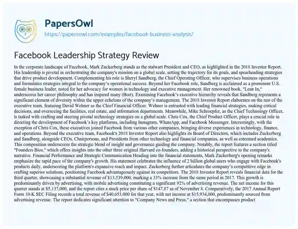 Essay on Facebook Leadership Strategy Review