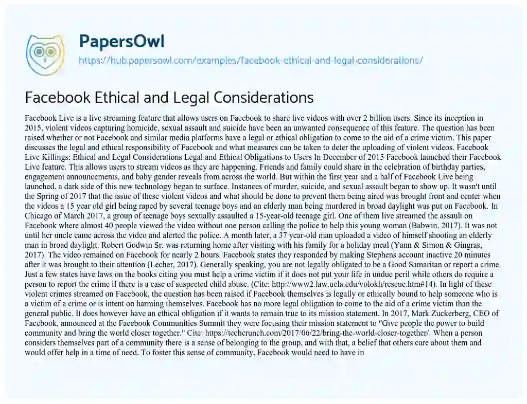 Essay on Facebook Ethical and Legal Considerations
