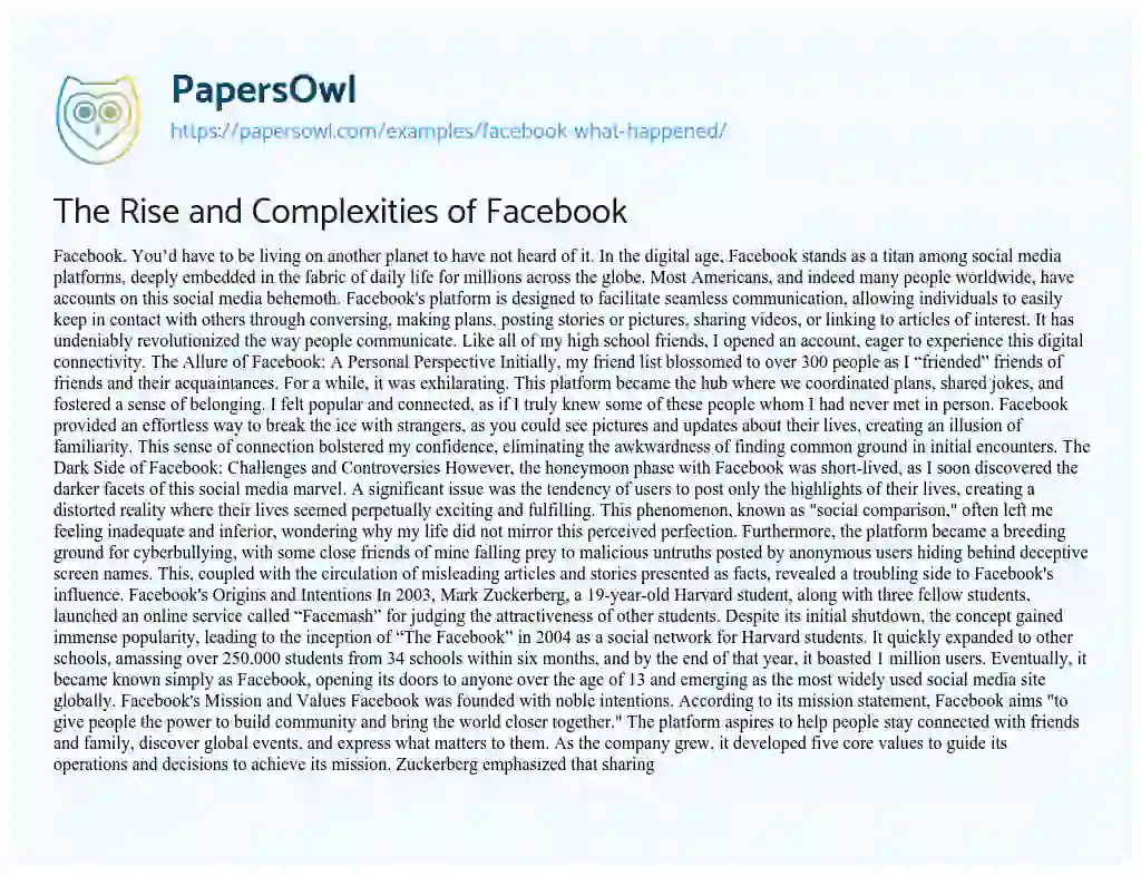 Essay on The Rise and Complexities of Facebook