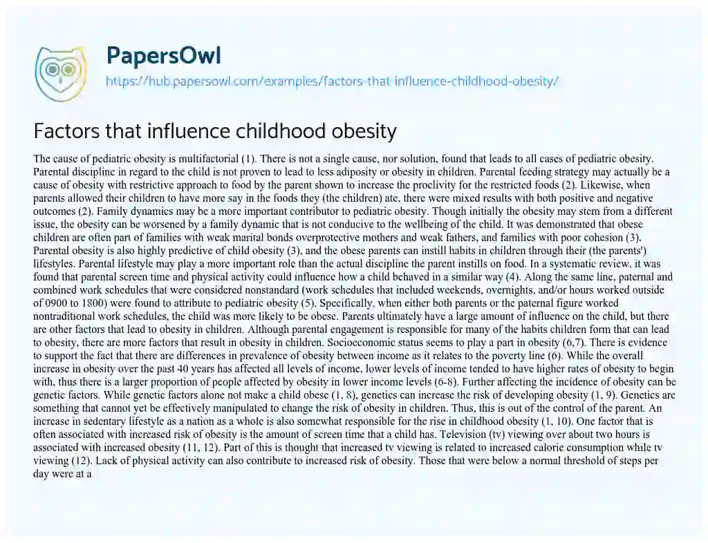 Essay on Factors that influence childhood obesity