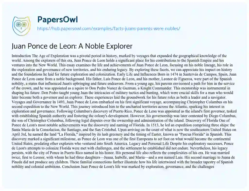 Essay on Juan Ponce de Leon: A Noble Explorer
