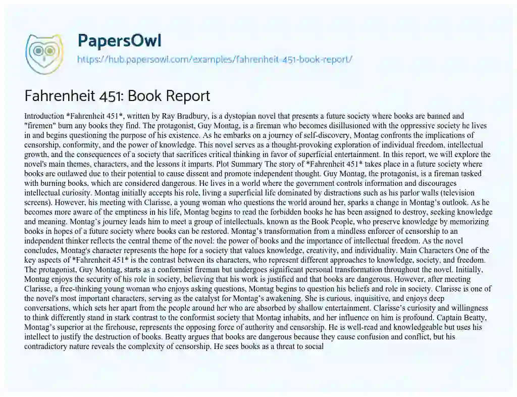 Essay on Fahrenheit 451: Book Report