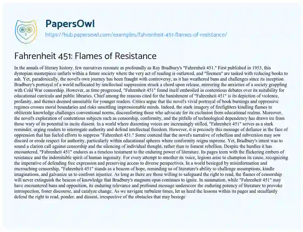 Essay on Fahrenheit 451: Flames of Resistance