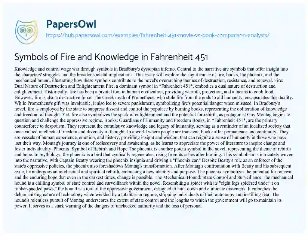 Essay on Symbols of Fire and Knowledge in Fahrenheit 451