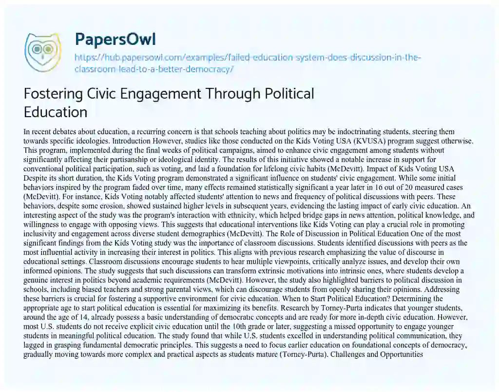 Essay on Fostering Civic Engagement Through Political Education