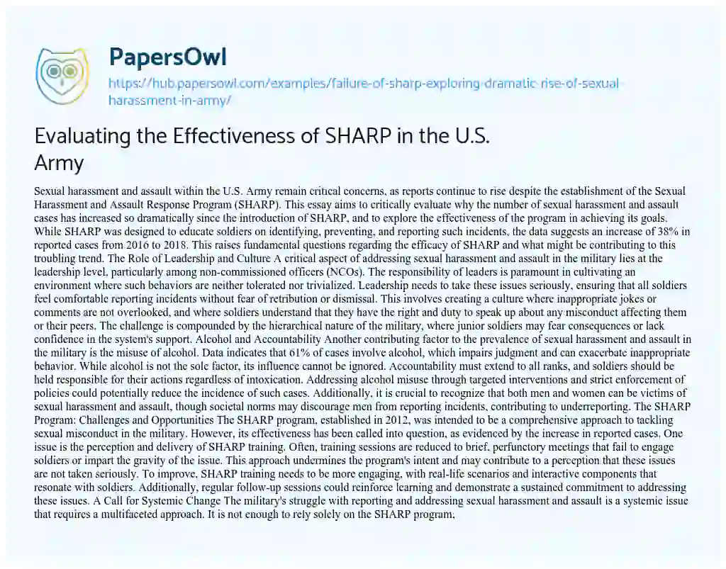 Essay on Evaluating the Effectiveness of SHARP in the U.S. Army