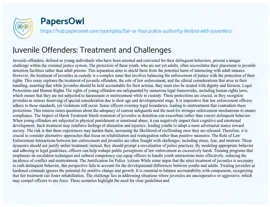 Essay on Juvenile Offenders: Treatment and Challenges