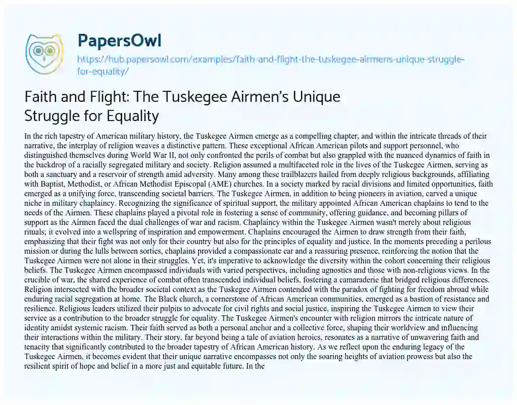 Essay on Faith and Flight: The Tuskegee Airmen’s Unique Struggle for Equality