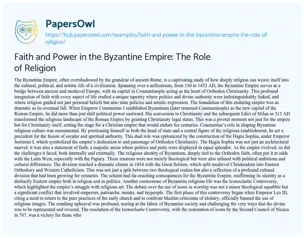 Essay on Faith and Power in the Byzantine Empire: The Role of Religion